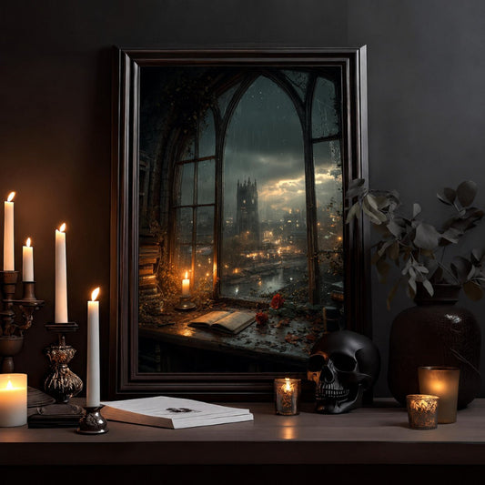 Gothic Nightscape Poster — Candlelit Library Window Overlooking Cathedral City - Noctis Atelier