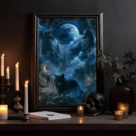 Mystic Night Wolf Poster — Moonlit Gothic Cityscape Wall Art - Noctis Atelier