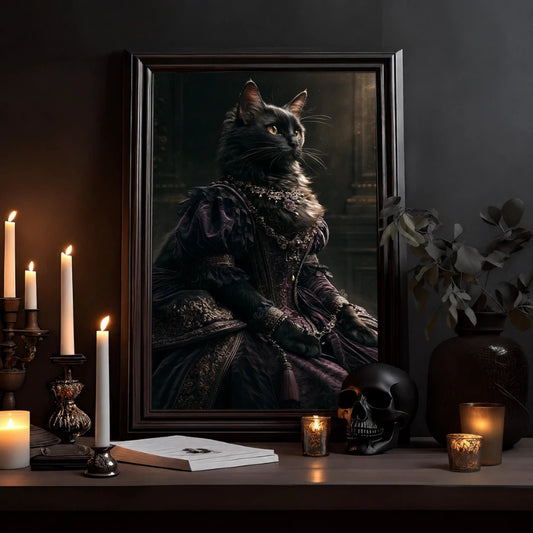 Regal Renaissance Cat Poster — Portrait of a Queenly Black Cat in Victorian Gown - Noctis Atelier