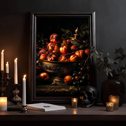 Still Life Fruit Poster — Dark Baroque Peach & Grape Wall Art - Noctis Atelier