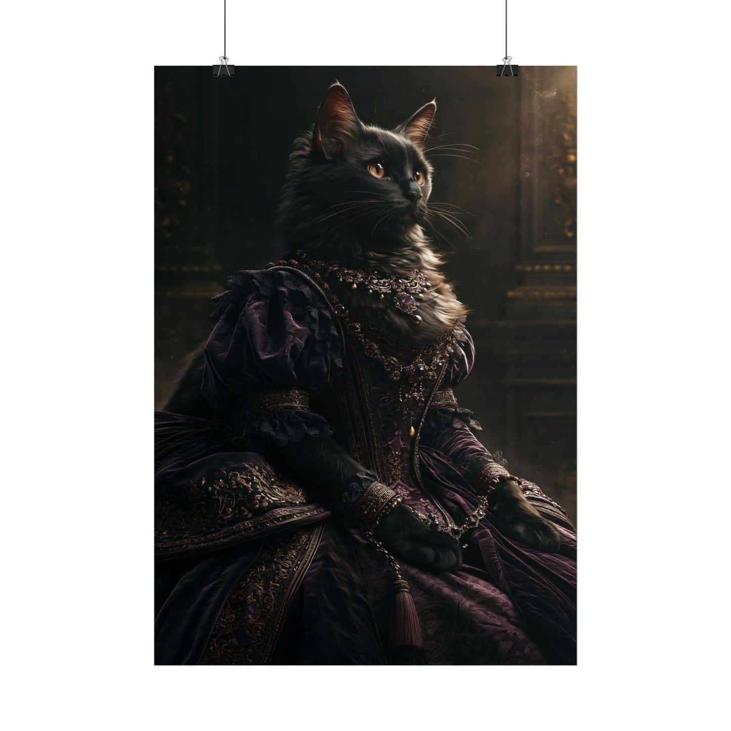 Regal Renaissance Cat Poster — Portrait of a Queenly Black Cat in Victorian Gown - Noctis Atelier