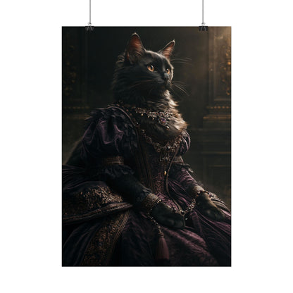 Regal Renaissance Cat Poster — Portrait of a Queenly Black Cat in Victorian Gown - Noctis Atelier