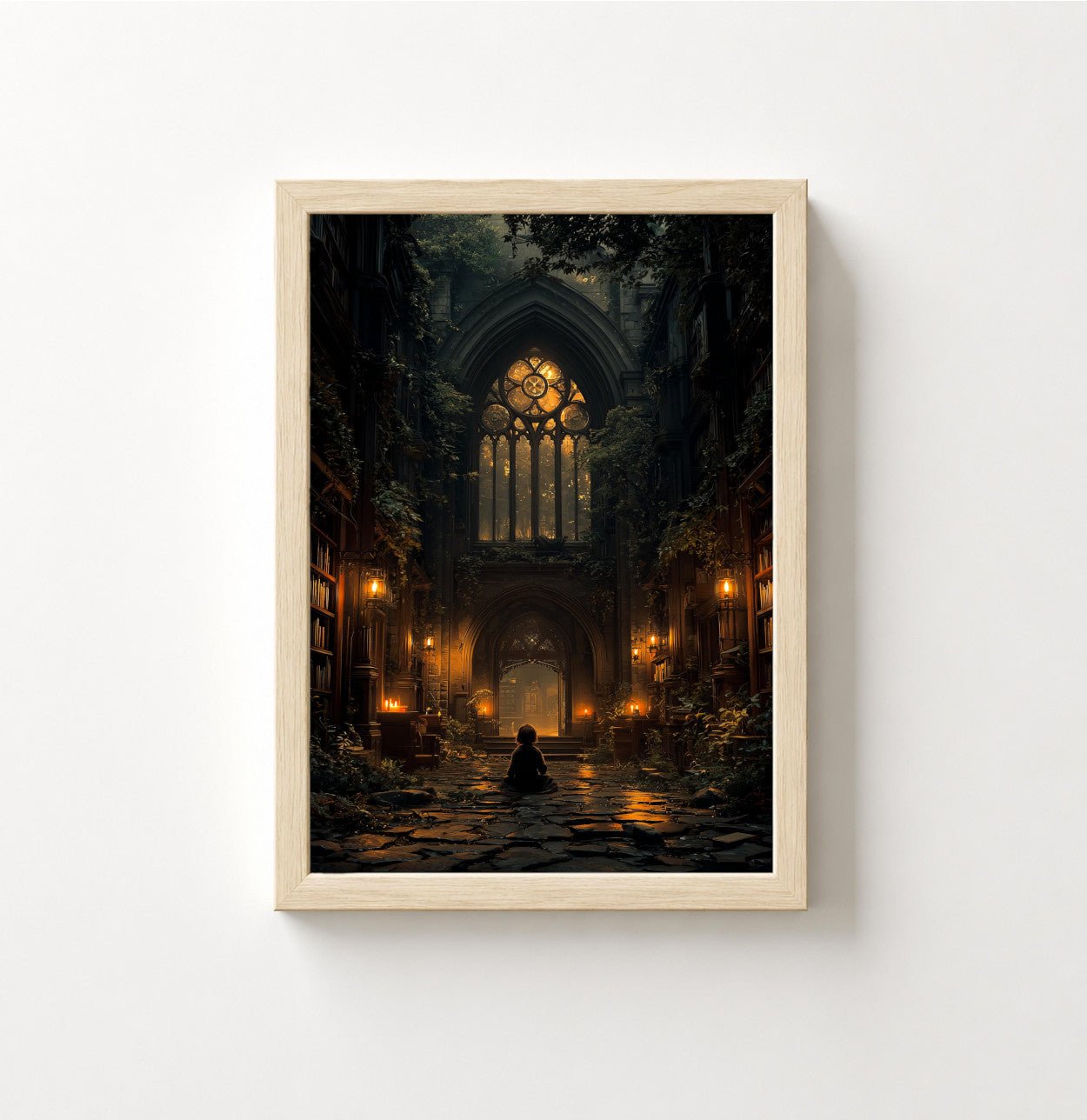Gothic Library Poster — Moody Cathedral Interior with Candlelit Aisle - Noctis Atelier