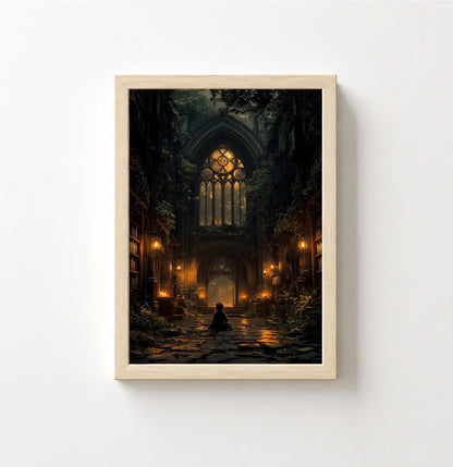 Gothic Library Poster — Moody Cathedral Interior with Candlelit Aisle - Noctis Atelier
