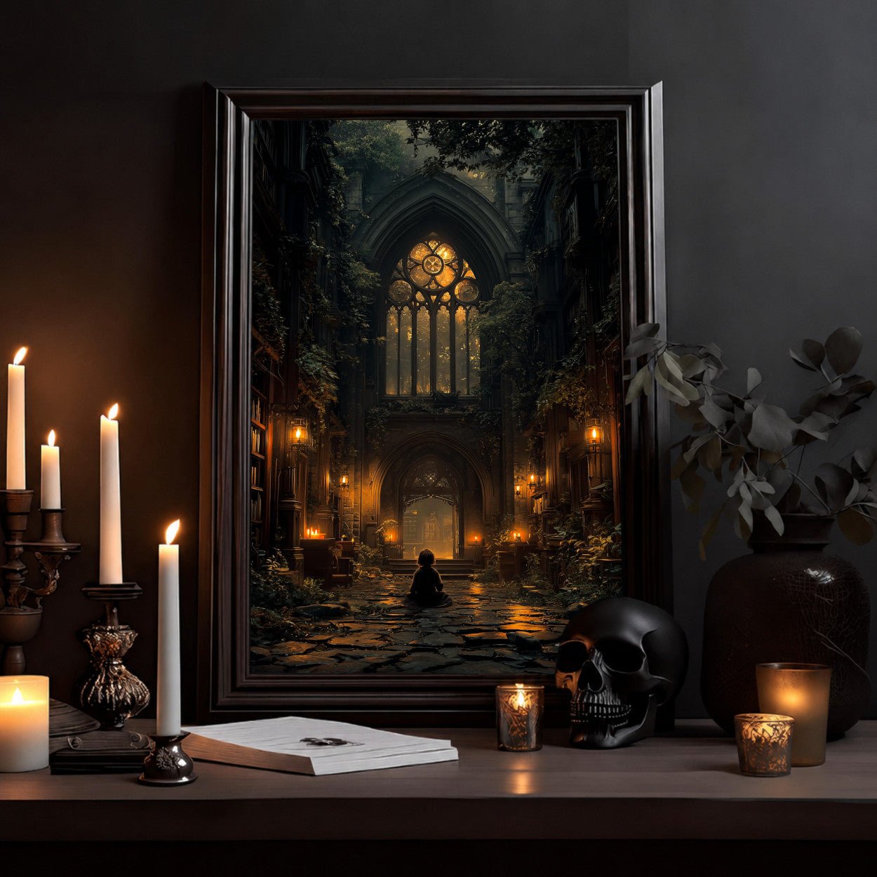 Gothic Library Poster — Moody Cathedral Interior with Candlelit Aisle - Noctis Atelier
