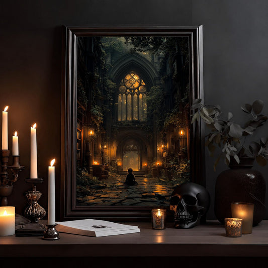 Gothic Library Poster — Moody Cathedral Interior with Candlelit Aisle - Noctis Atelier