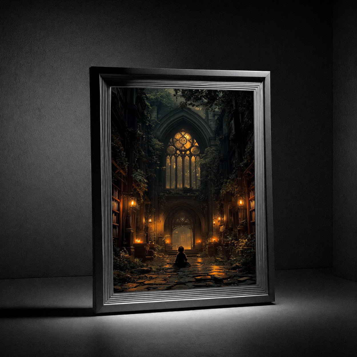 Gothic Library Poster — Moody Cathedral Interior with Candlelit Aisle - Noctis Atelier