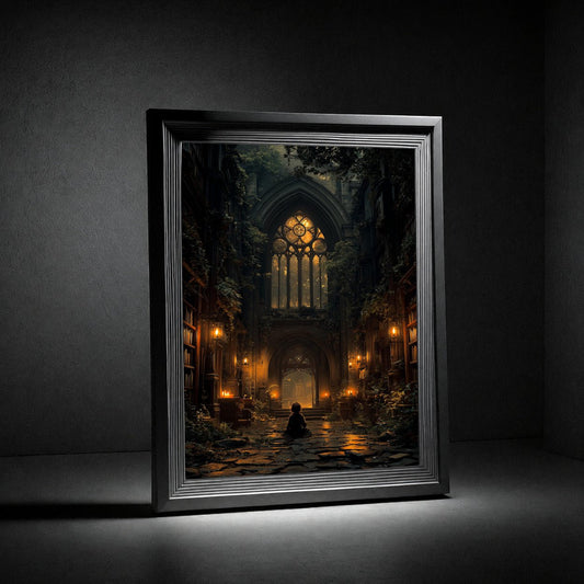 Gothic Library Poster — Moody Cathedral Interior with Candlelit Aisle - Noctis Atelier