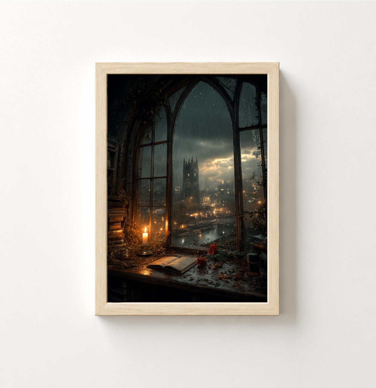Gothic Nightscape Poster — Candlelit Library Window Overlooking Cathedral City - Noctis Atelier