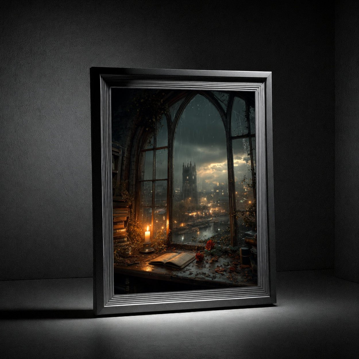 Gothic Nightscape Poster — Candlelit Library Window Overlooking Cathedral City - Noctis Atelier