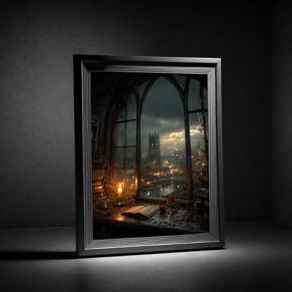 Gothic Nightscape Poster — Candlelit Library Window Overlooking Cathedral City - Noctis Atelier