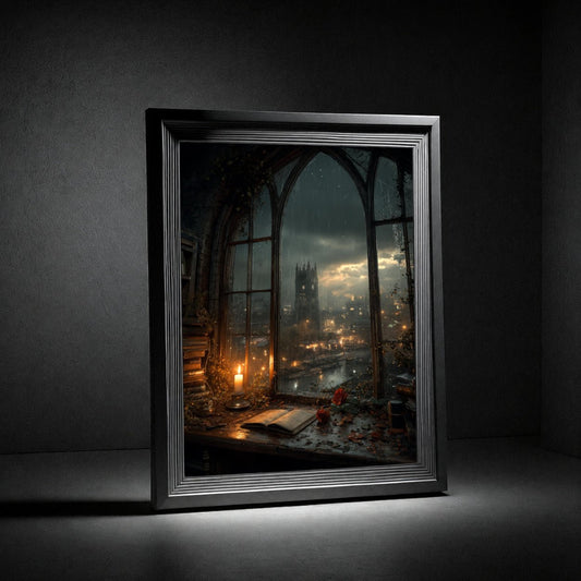 Gothic Nightscape Poster — Candlelit Library Window Overlooking Cathedral City - Noctis Atelier