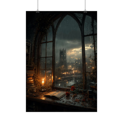 Gothic Nightscape Poster — Candlelit Library Window Overlooking Cathedral City - Noctis Atelier