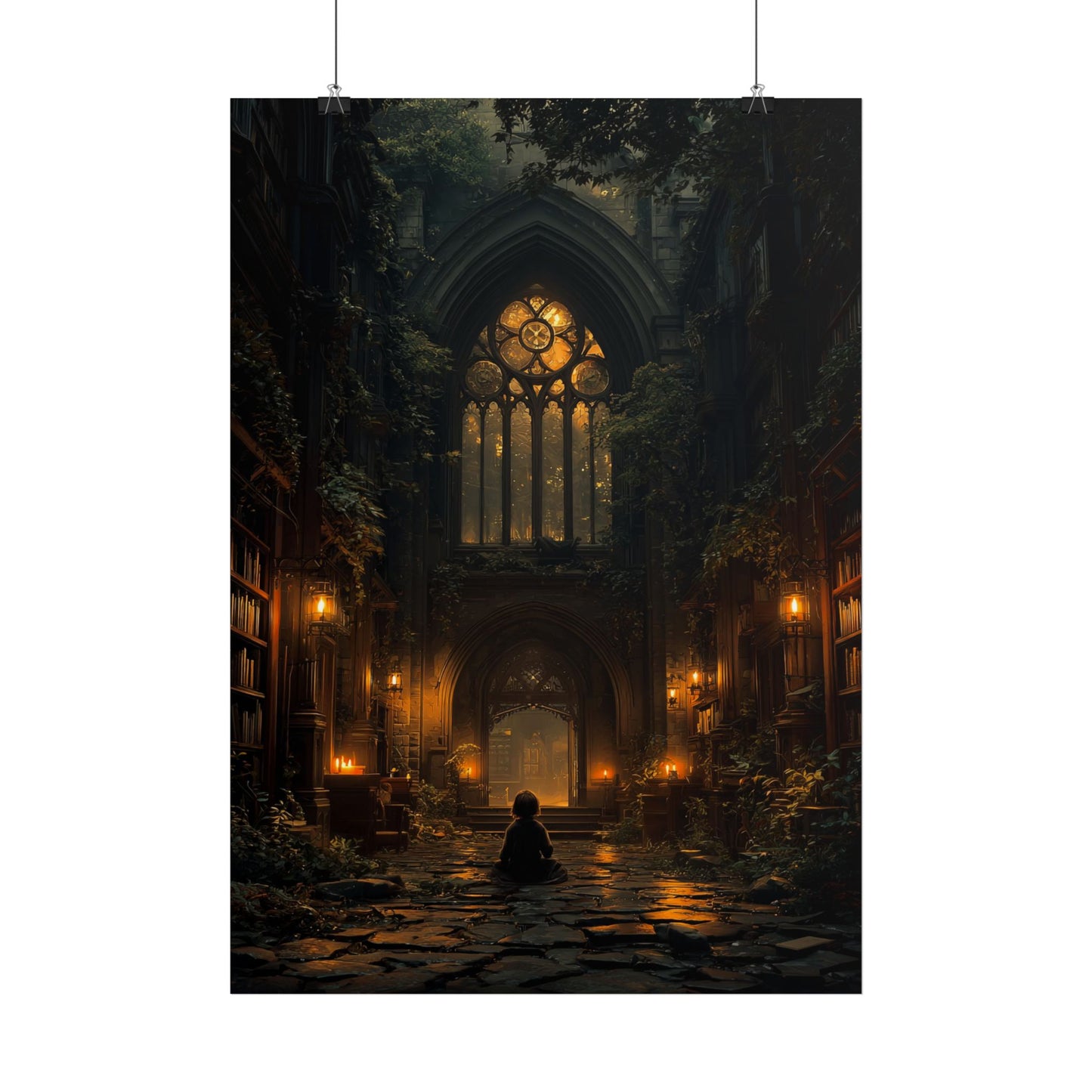 Gothic Library Poster — Moody Cathedral Interior with Candlelit Aisle - Noctis Atelier