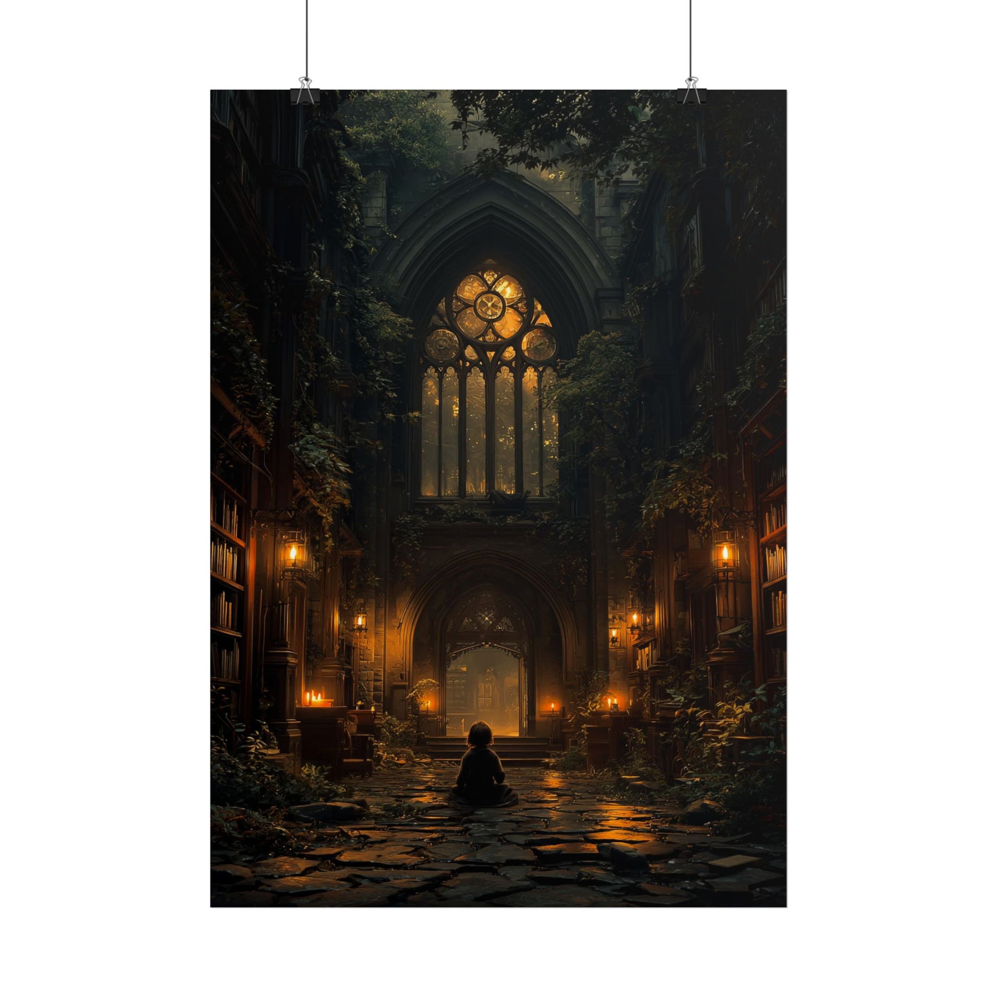 Gothic Library Poster — Moody Cathedral Interior with Candlelit Aisle - Noctis Atelier