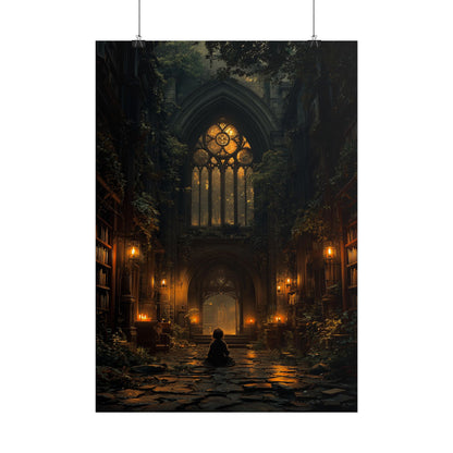 Gothic Library Poster — Moody Cathedral Interior with Candlelit Aisle - Noctis Atelier