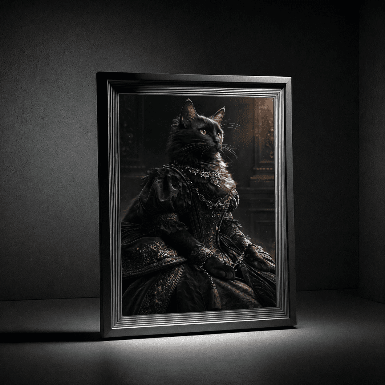 Regal Renaissance Cat Poster — Portrait of a Queenly Black Cat in Victorian Gown - Noctis Atelier