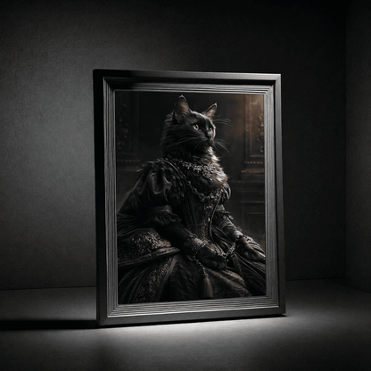Regal Renaissance Cat Poster — Portrait of a Queenly Black Cat in Victorian Gown - Noctis Atelier