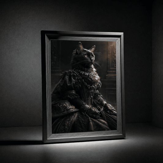 Regal Renaissance Cat Poster — Portrait of a Queenly Black Cat in Victorian Gown - Noctis Atelier
