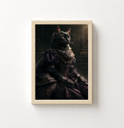 Regal Renaissance Cat Poster — Portrait of a Queenly Black Cat in Victorian Gown - Noctis Atelier