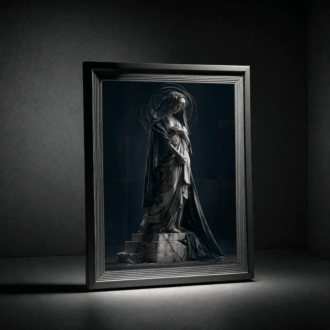 Religious Poster — Gothic Madonna Statue Art Print, Moody Sacred Wall Decor - Noctis Atelier