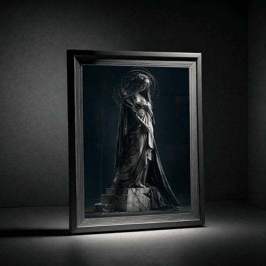 Religious Poster — Gothic Madonna Statue Art Print, Moody Sacred Wall Decor - Noctis Atelier
