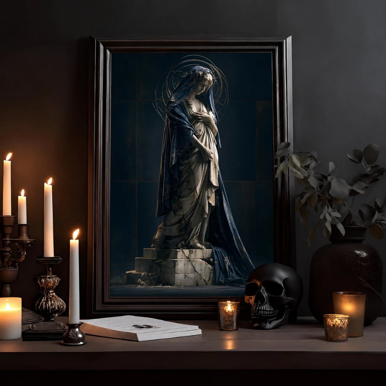 Religious Poster — Gothic Madonna Statue Art Print, Moody Sacred Wall Decor - Noctis Atelier
