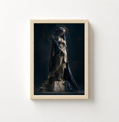 Religious Poster — Gothic Madonna Statue Art Print, Moody Sacred Wall Decor - Noctis Atelier