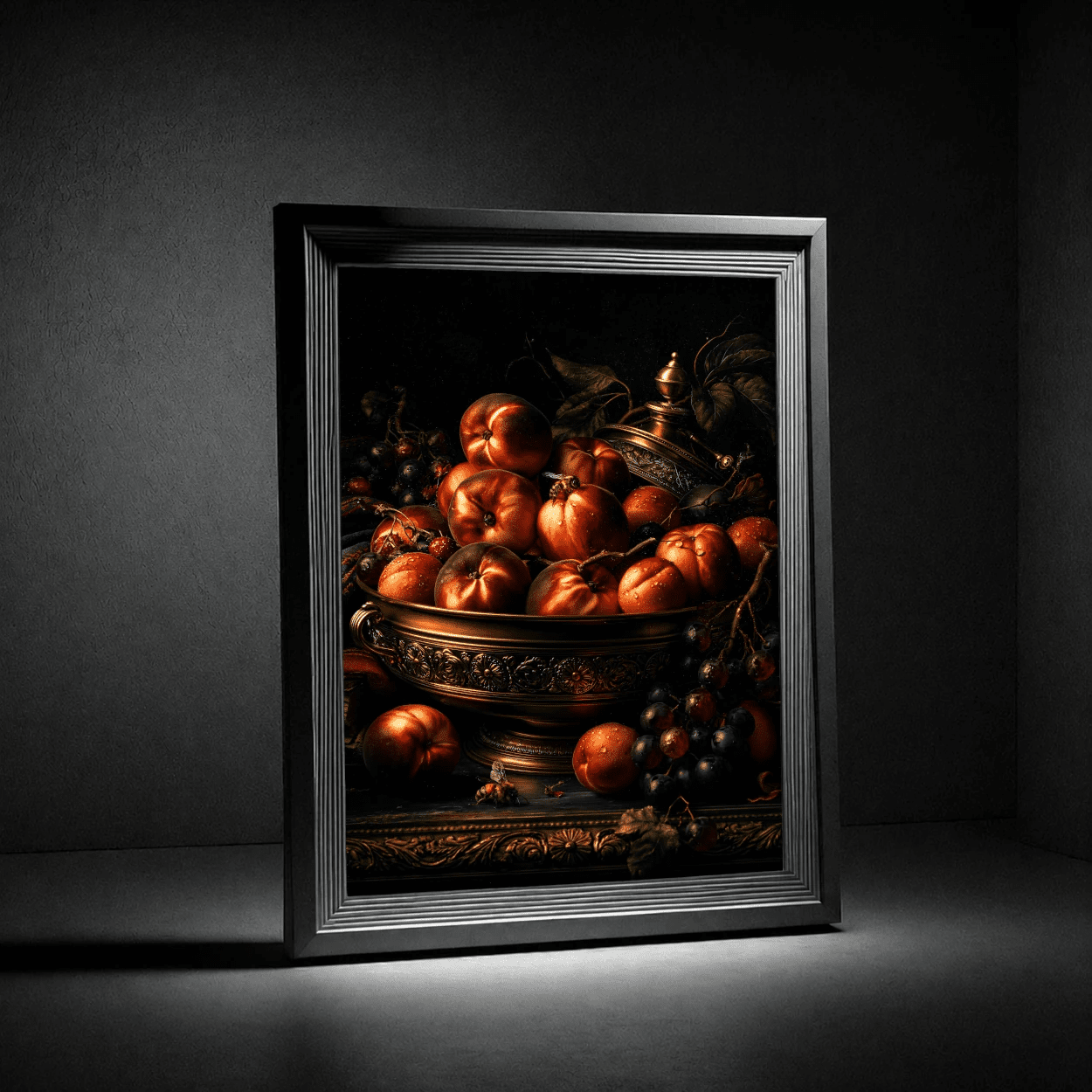 Still Life Fruit Poster — Dark Baroque Peach & Grape Wall Art - Noctis Atelier