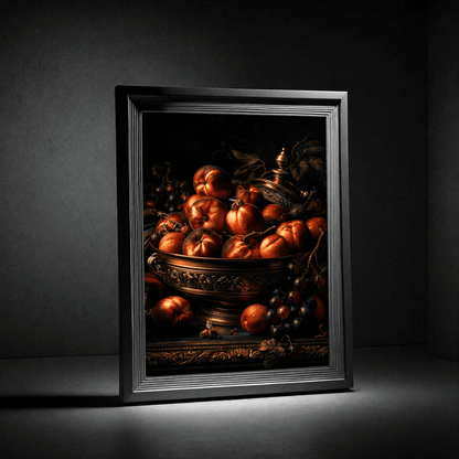 Still Life Fruit Poster — Dark Baroque Peach & Grape Wall Art - Noctis Atelier