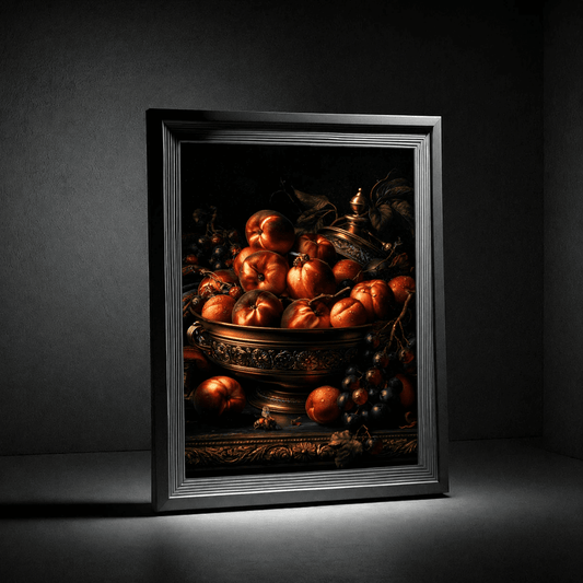 Still Life Fruit Poster — Dark Baroque Peach & Grape Wall Art - Noctis Atelier