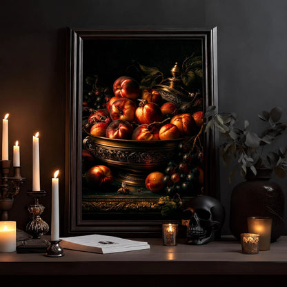 Still Life Fruit Poster — Dark Baroque Peach & Grape Wall Art - Noctis Atelier